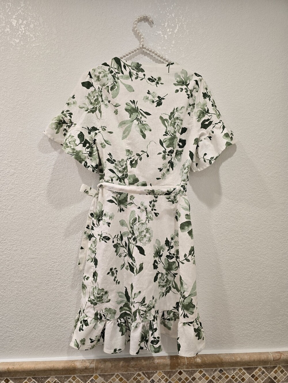 Abercrombie & Fitch Angel Sleeve Wrap Mini Dress ruffled hem White Green ST - Picture 3 of 6